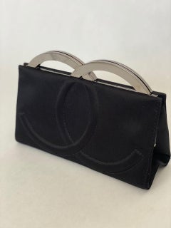 Chanel vintage black satin cc logo letter evening clutch