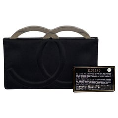 Chanel vintage black satin cc logo letter evening clutch