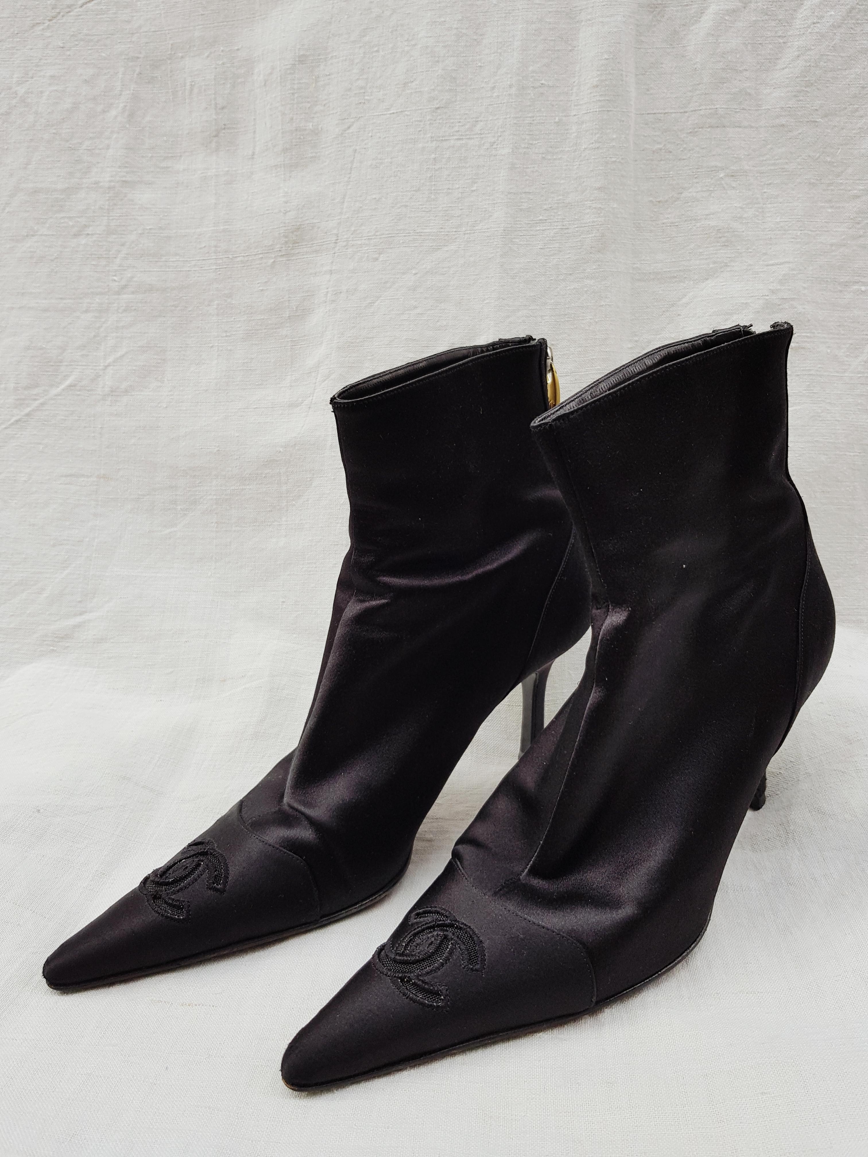 Women's CHANEL vintage black satin pointy ankle boots
