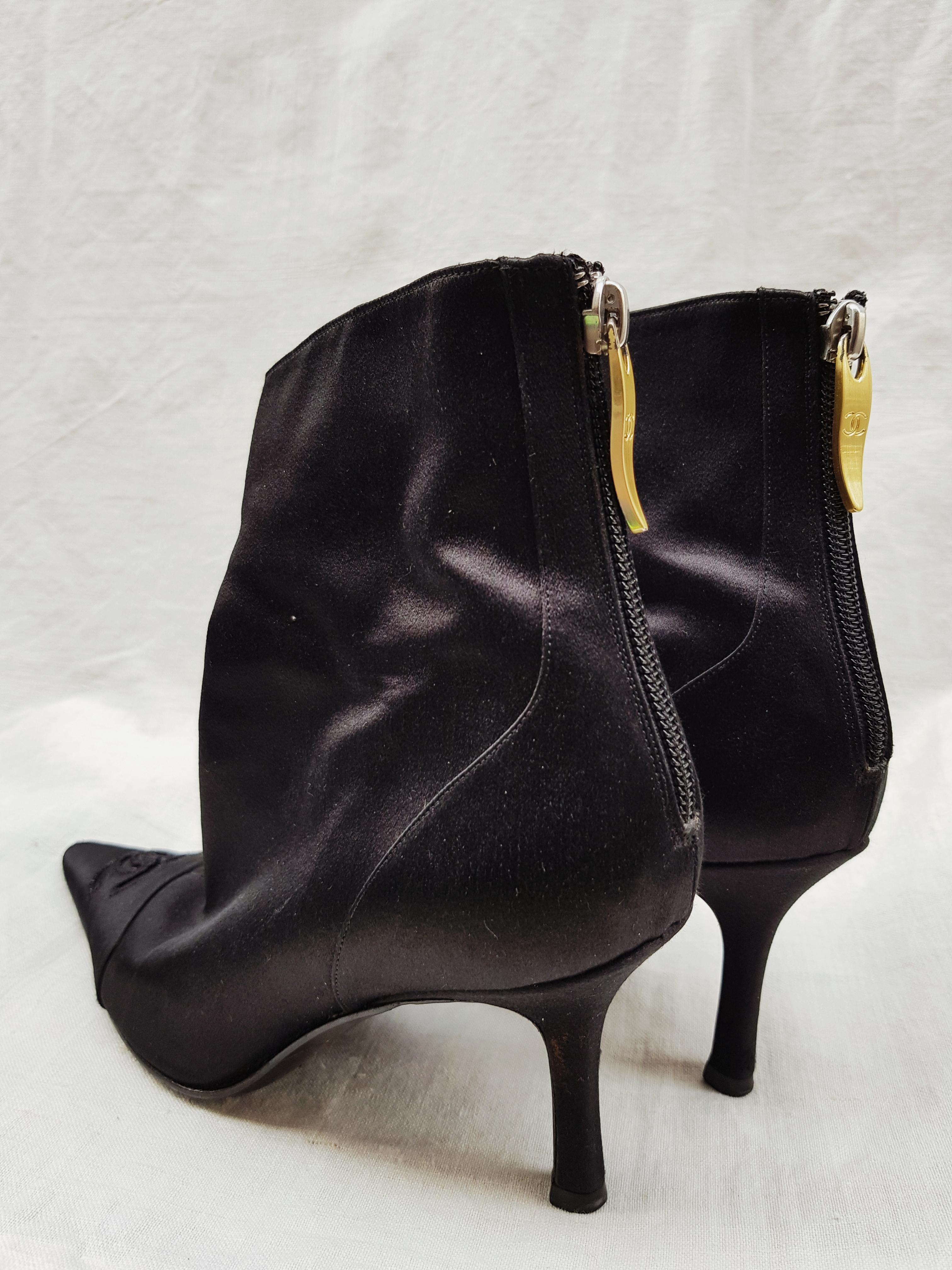 CHANEL vintage black satin pointy ankle boots 1
