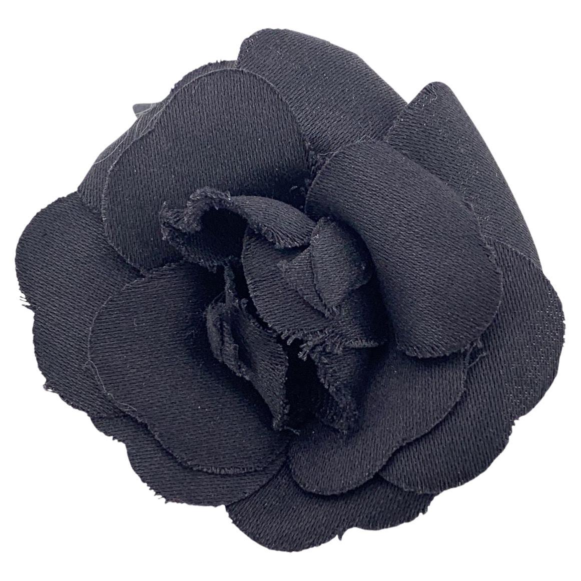 Chanel Vintage Black Satin Small Flower Brooch Pin Camelia Camellia
