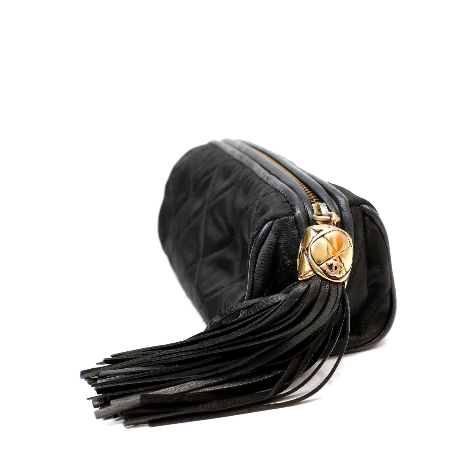 Chanel Vintage Black Satin Tasseled Pouch In Good Condition For Sale In Palm Beach, FL