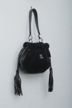 Chanel Vintage Black Shearling Drawstring Pochette with Silver Hardware