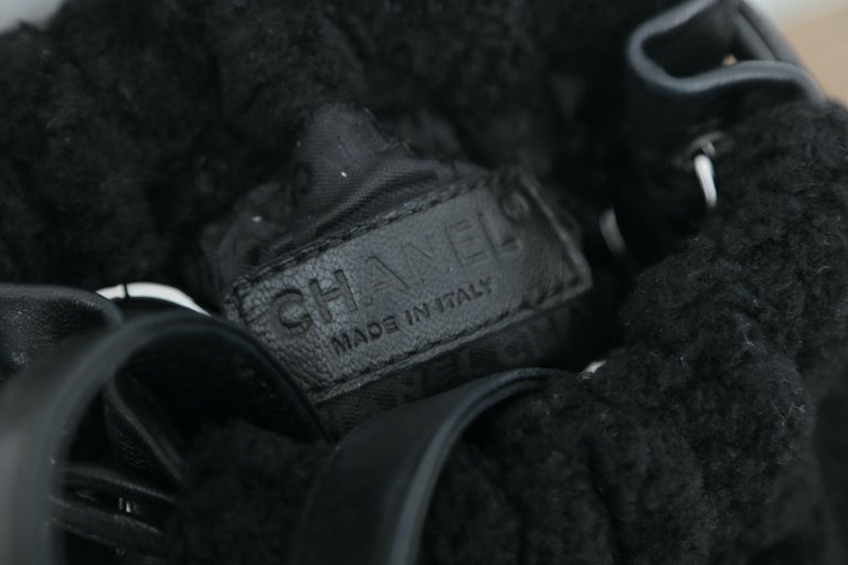 Chanel Vintage Black Shearling Drawstring Pochette with Silver Hardware ...