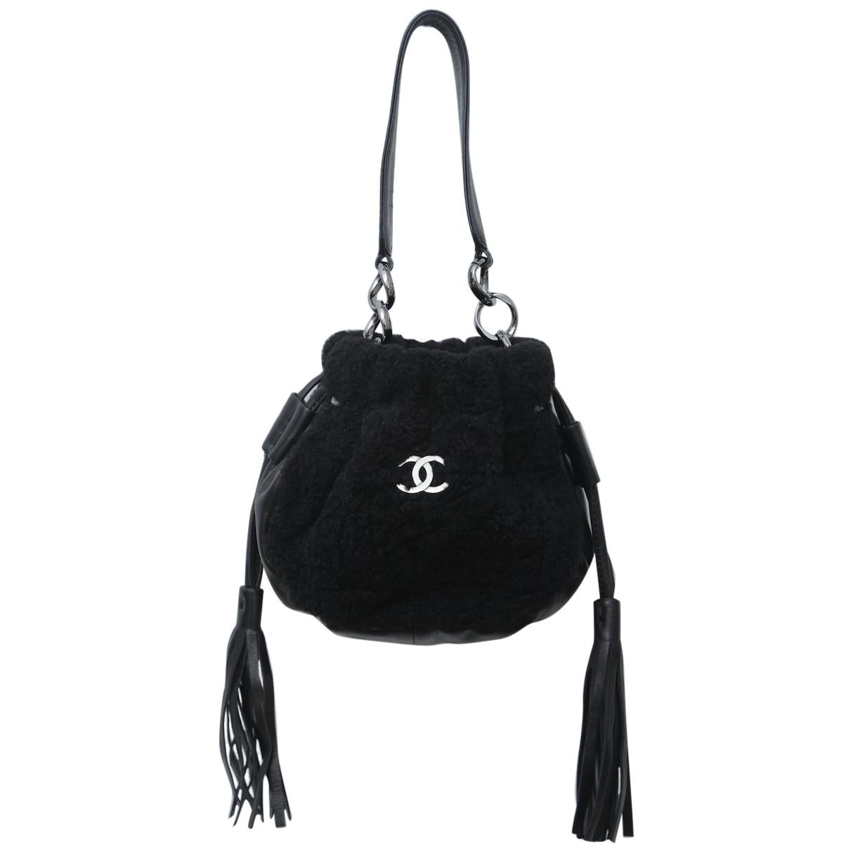 Chanel Vintage Black Shearling Drawstring Pochette with Silver Hardware  For Sale
