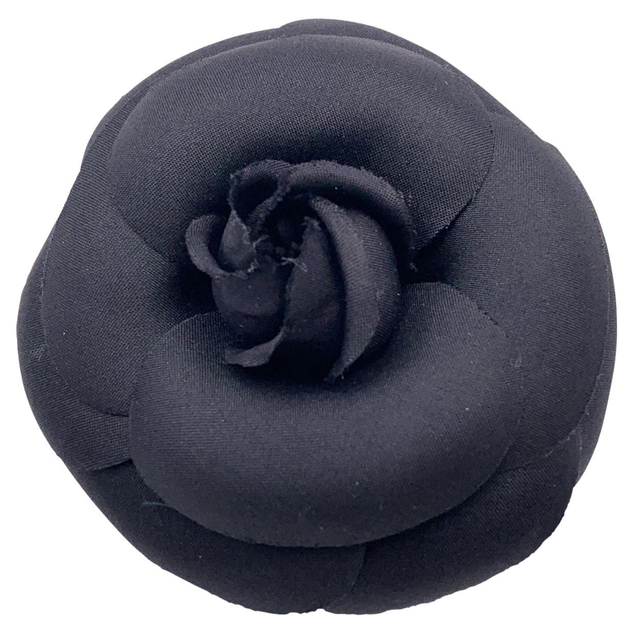Chanel Vintage Black Silk Flower Brooch Pin Camelia Camellia For Sale