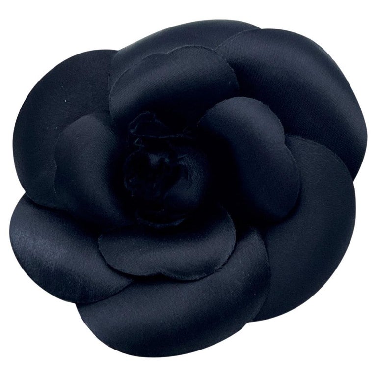 Chanel Camellia Black Silk Crepe and Feathers Brooch For Sale at