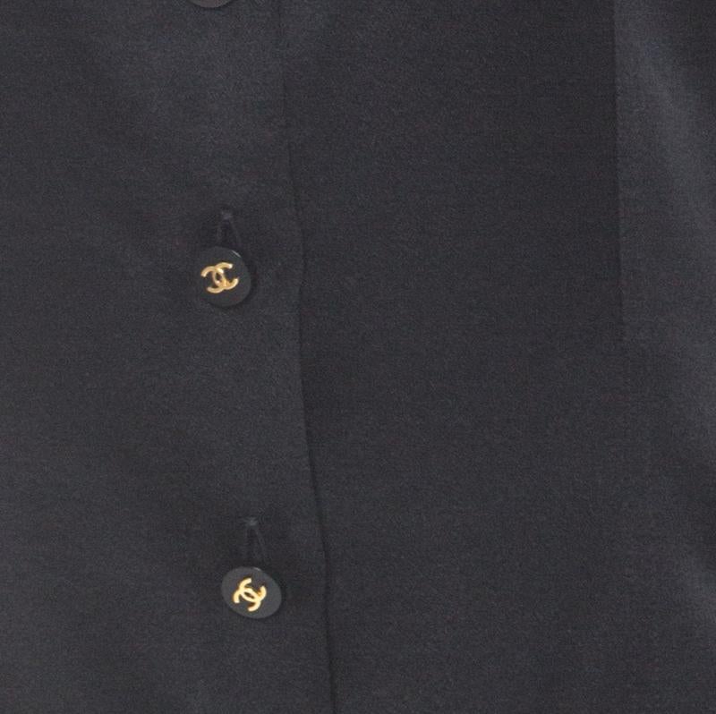 Women's Chanel Vintage Black Silk Satin Button Front Classic Shirt M