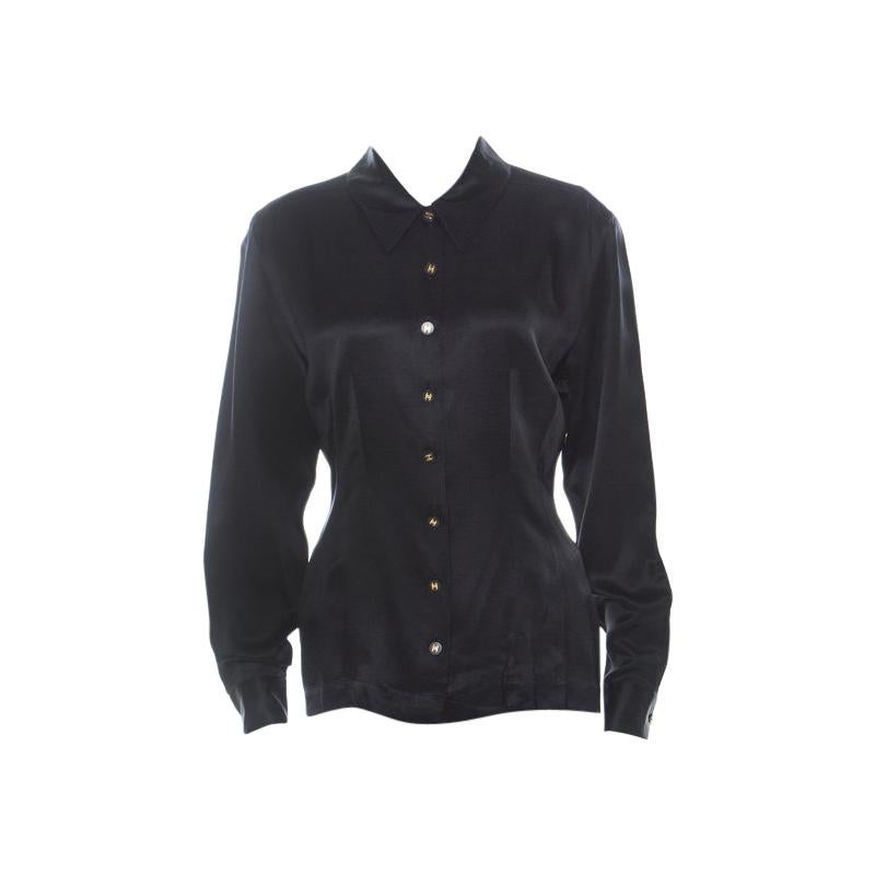 Chanel Vintage Black Silk Satin Button Front Classic Shirt M