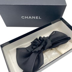 Chanel Vintage Black Silk Satin Camellia Camelia Bow Hair Clip