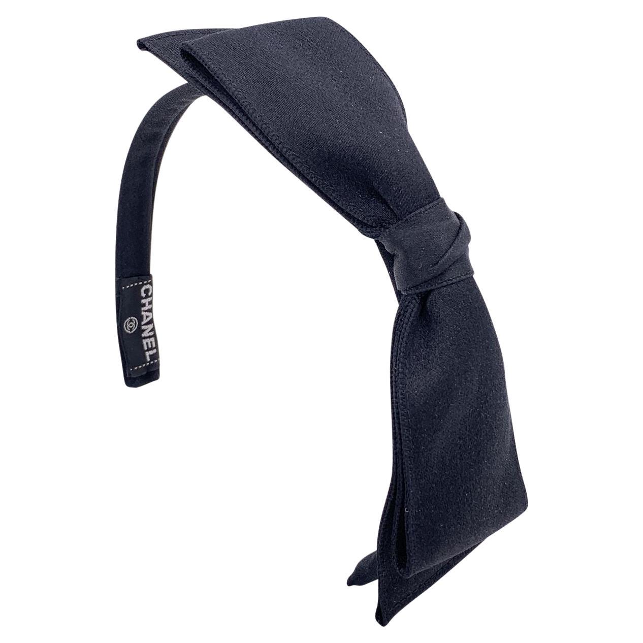 Chanel Vintage Black Silk Satin Headband Hair Accessory with Bow