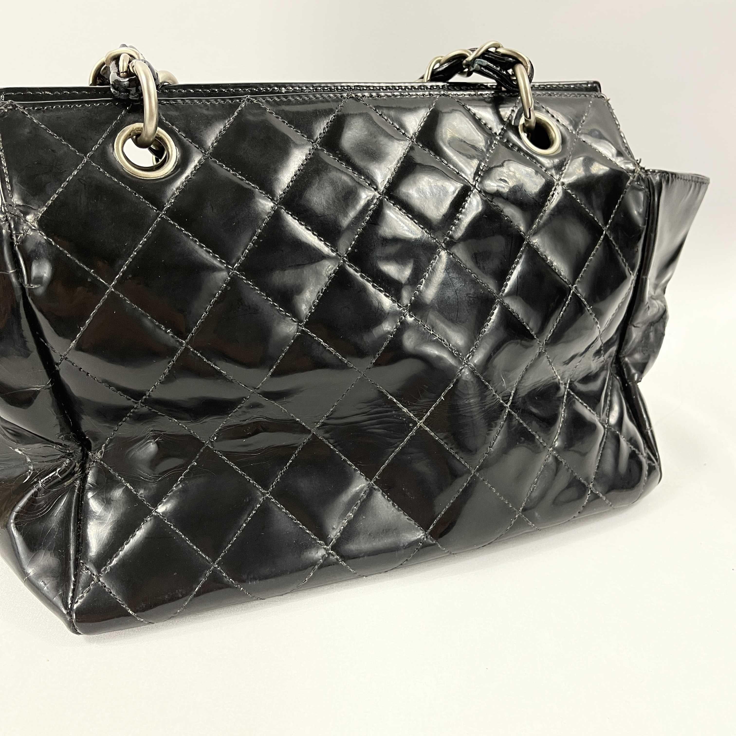 CHANEL Vintage Black / Silver Patent CC Quilted Petite Timeless Medium Tote 8