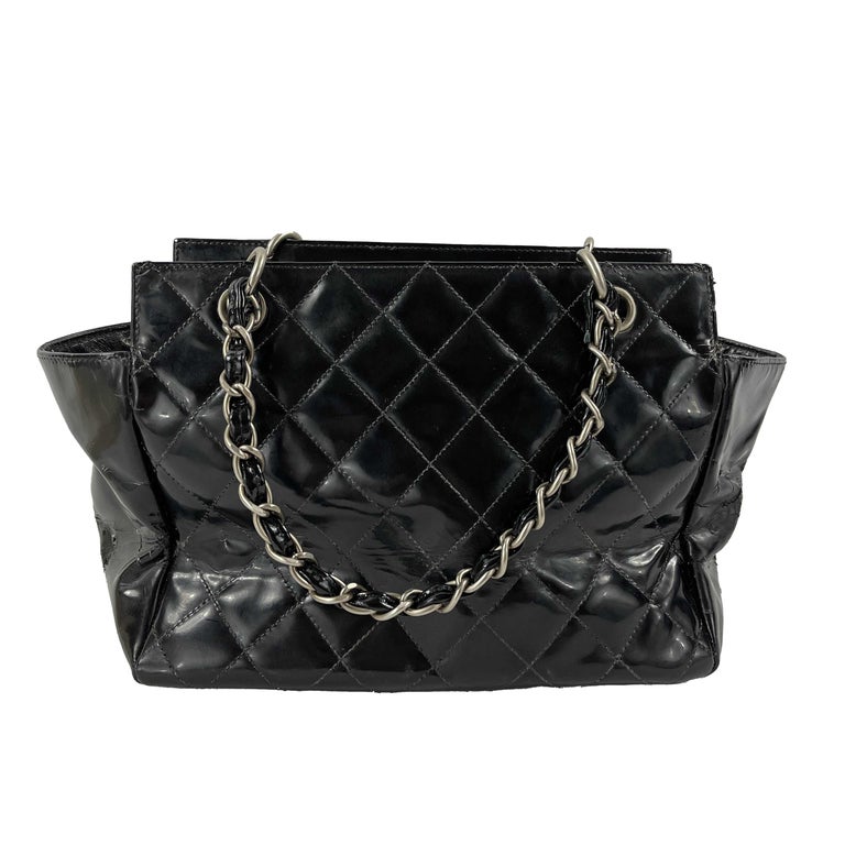 CHANEL Vintage Black / Silver Patent CC Quilted Petite Timeless Medium Tote  at 1stDibs
