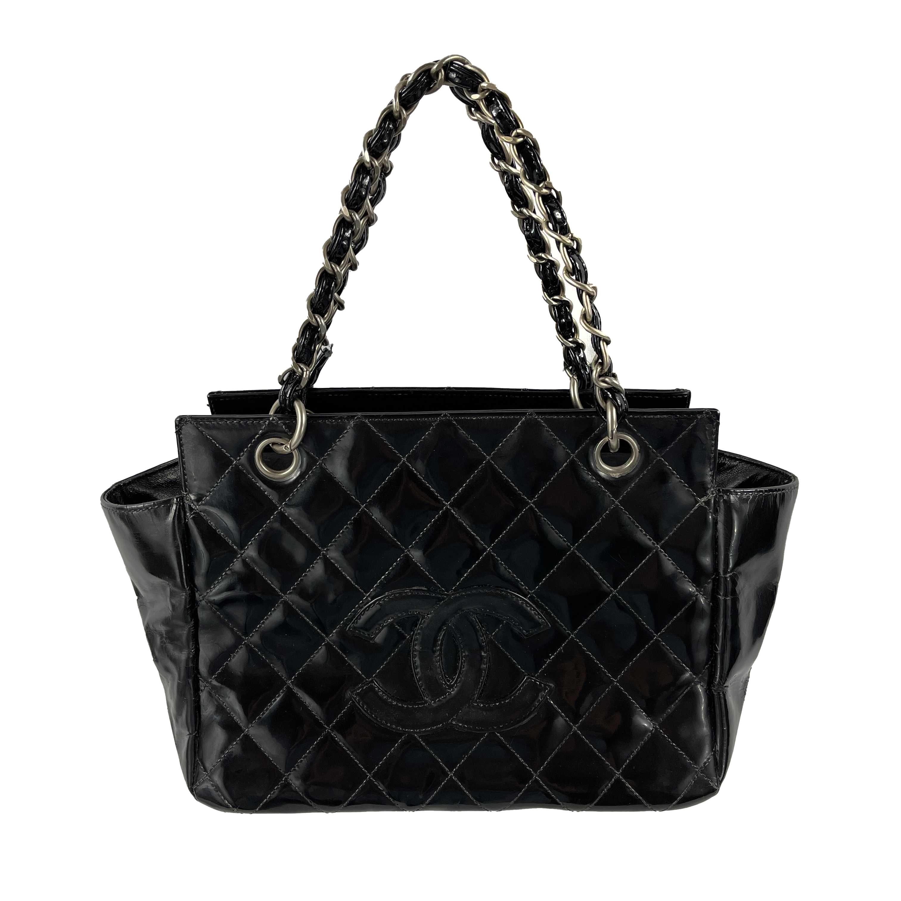 CHANEL Vintage Black / Silver Patent CC Quilted Petite Timeless Medium Tote 3
