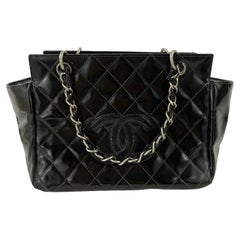 CHANEL Vintage Black / Silver Patent CC Quilted Petite Timeless Medium Tote