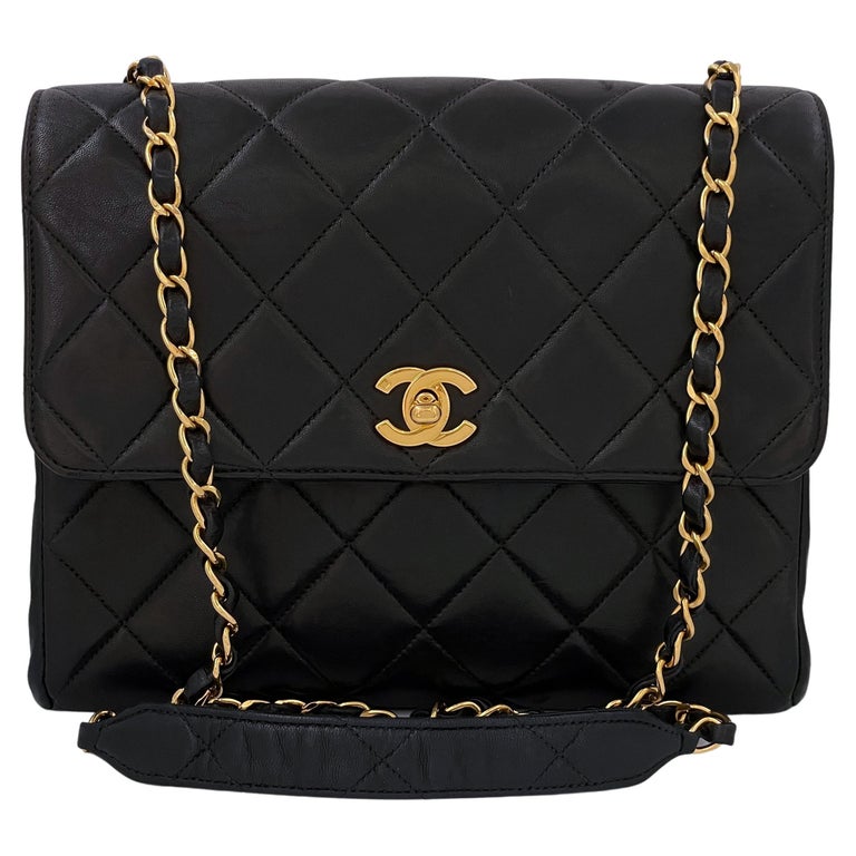 Chanel Vintage Black Square Medium Crossbody Flap Bag 24k GHW Lambskin