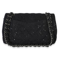 Chanel Vintage Black Tweed Sequin Embroidered Medium Shoulder Flap Bag