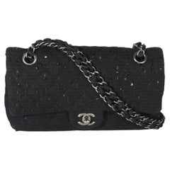 Chanel Vintage Black Tweed Sequin Embroidered Medium Shoulder Flap Bag