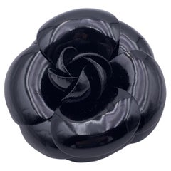 Chanel Vintage Black Vinyl Camelia Flower Camellia Pin Brooch