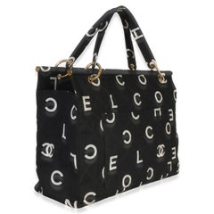 Chanel Vintage Black White Quilted Canvas Logo Tote