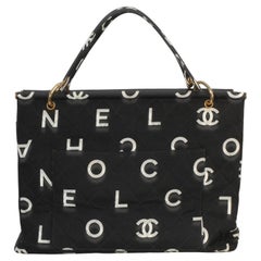 Chanel Vintage Black White Quilted Canvas Logo Tote