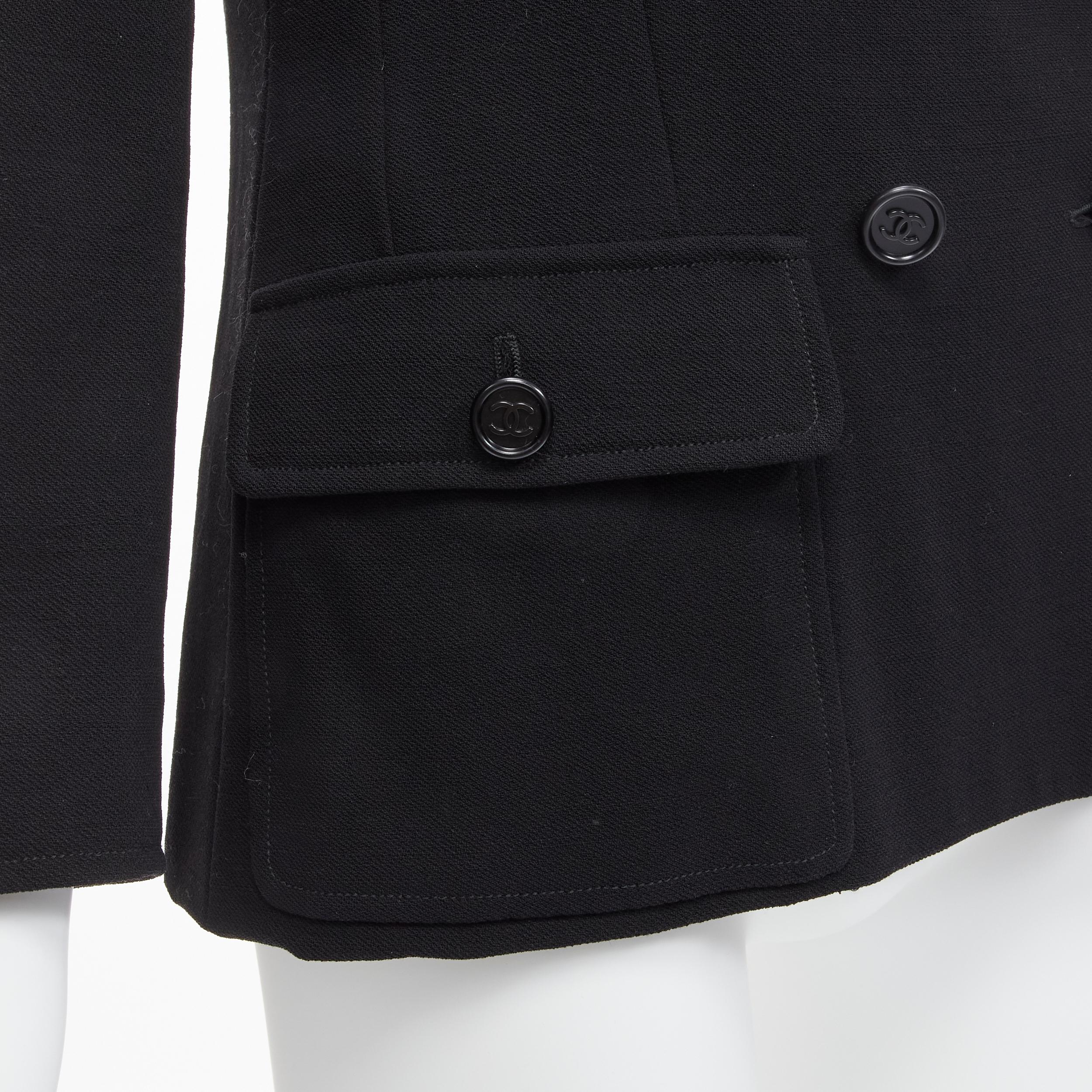 CHANEL Vintage black wool crepe CC button silk lined little black jacket For Sale 6