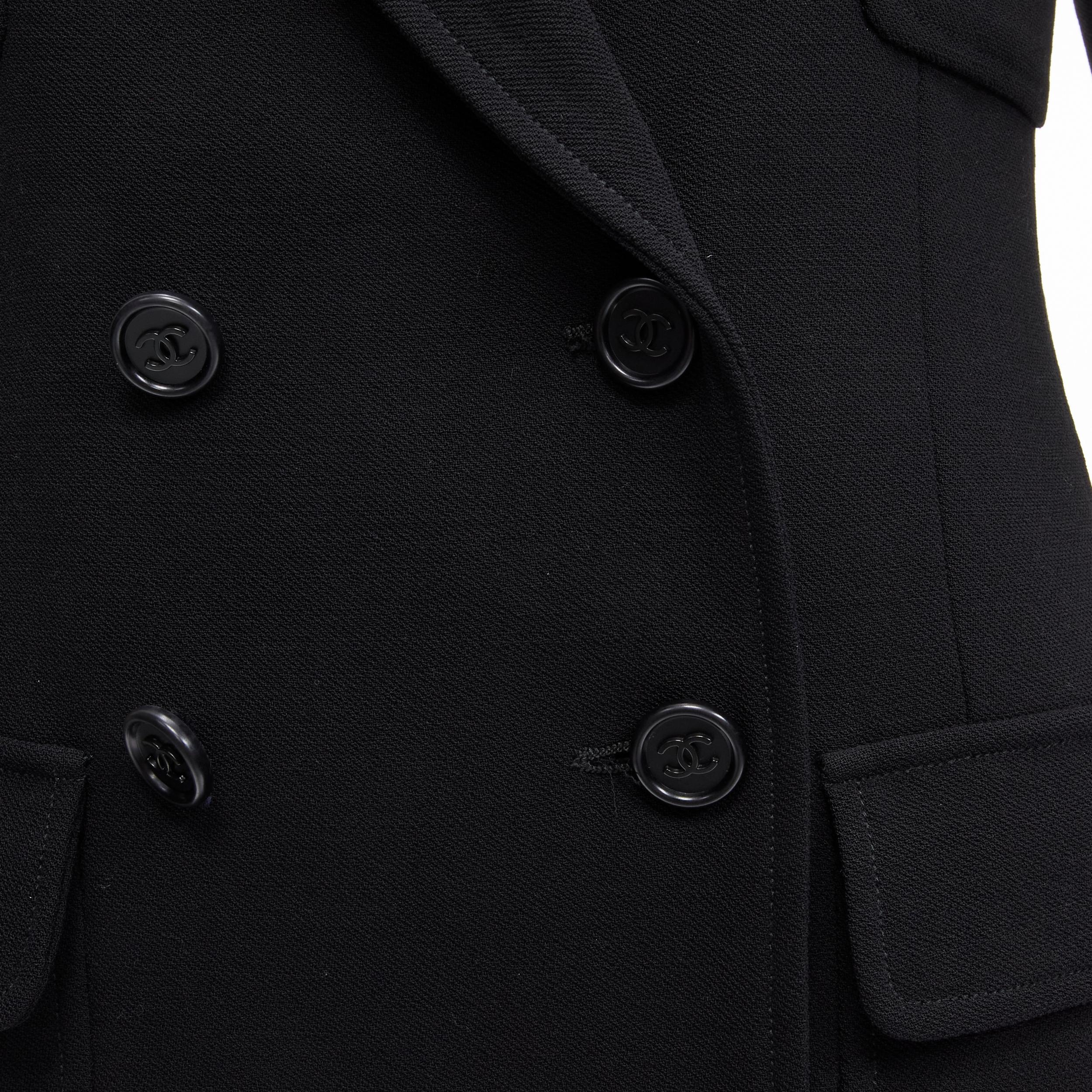 CHANEL Vintage black wool crepe CC button silk lined little black jacket For Sale 7