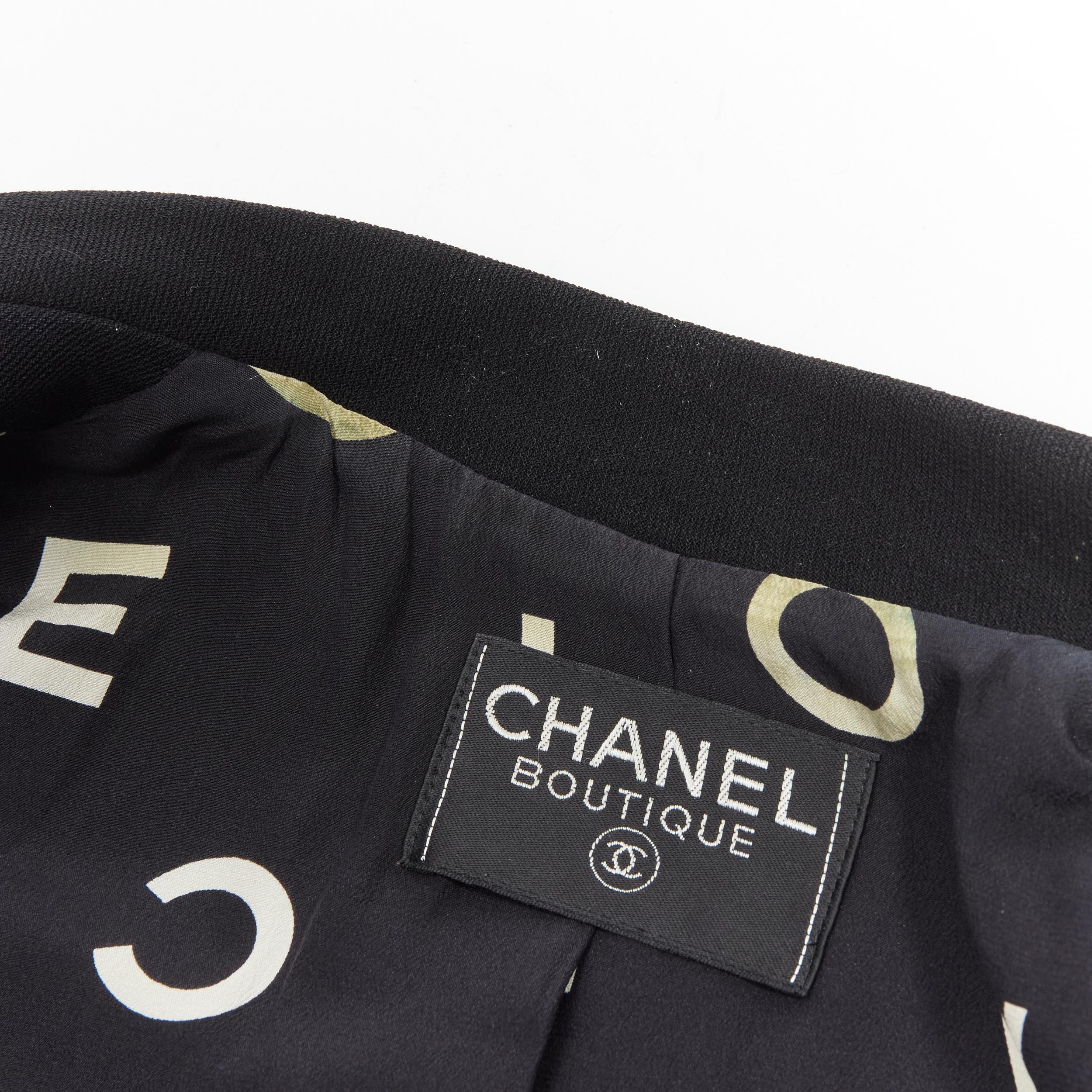 CHANEL Vintage black wool crepe CC button silk lined little black jacket For Sale 9