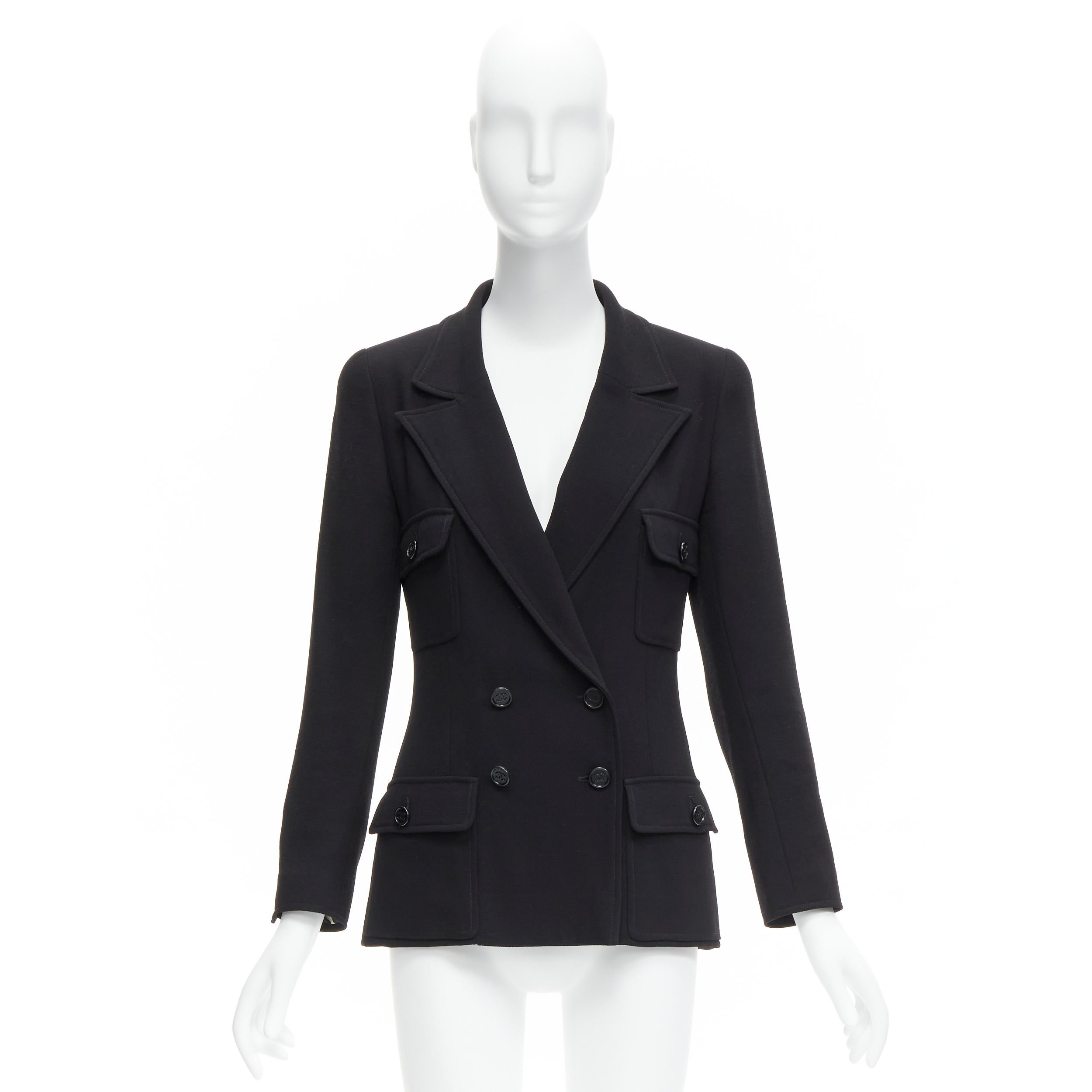 CHANEL Vintage black wool crepe CC button silk lined little black jacket For Sale 10