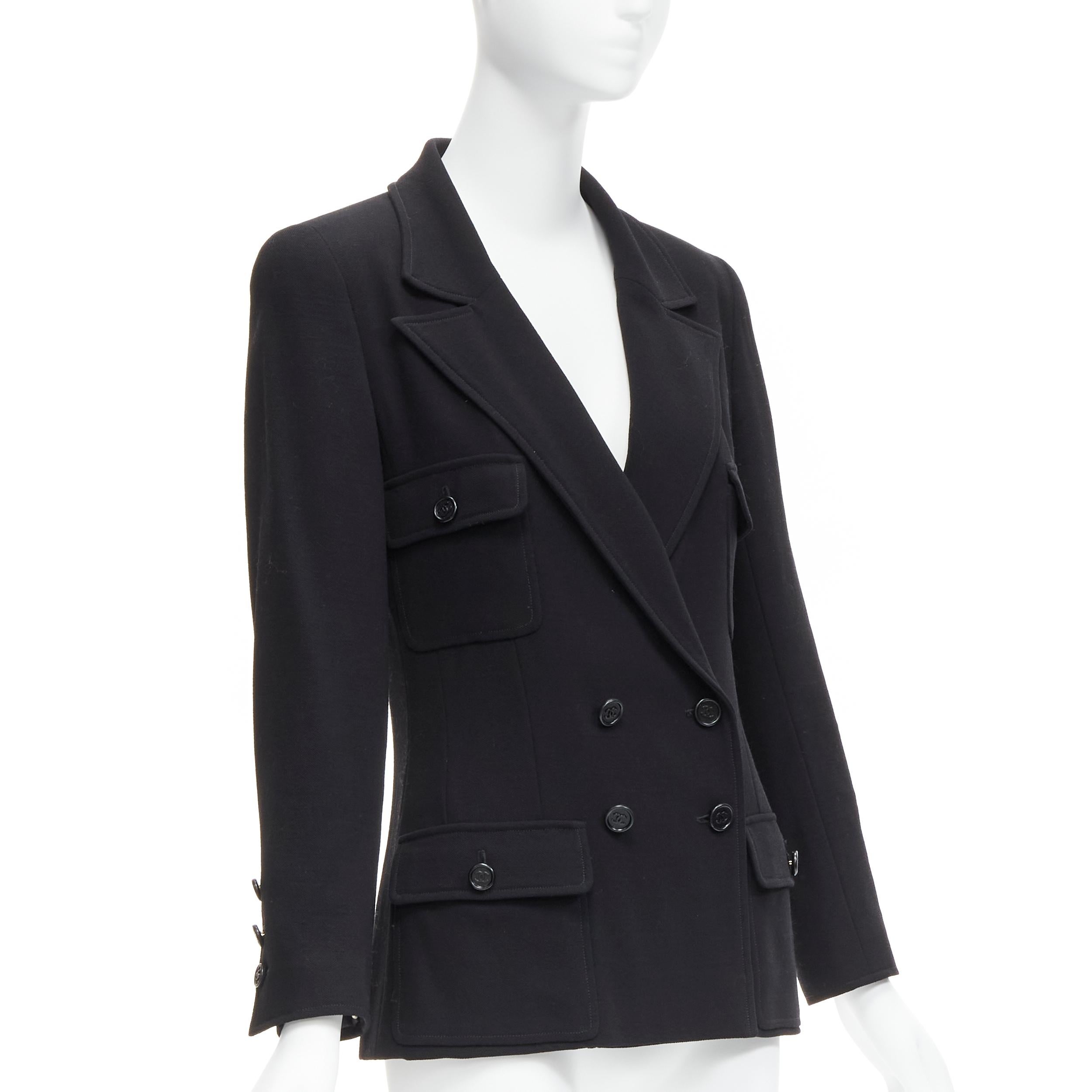 CHANEL Vintage black wool crepe CC button silk lined little black jacket In Good Condition For Sale In Hong Kong, NT