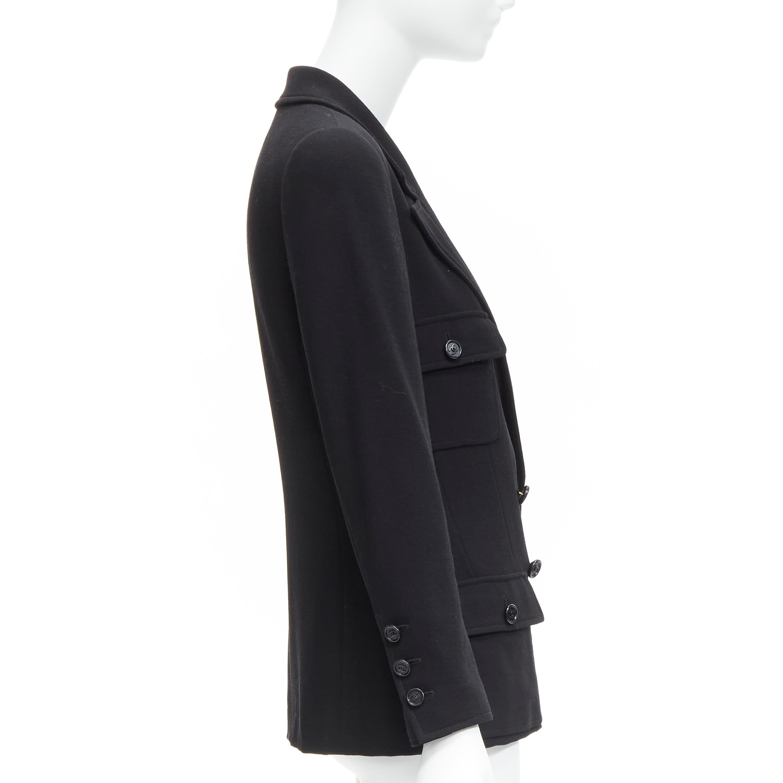 Women's CHANEL Vintage black wool crepe CC button silk lined little black jacket For Sale