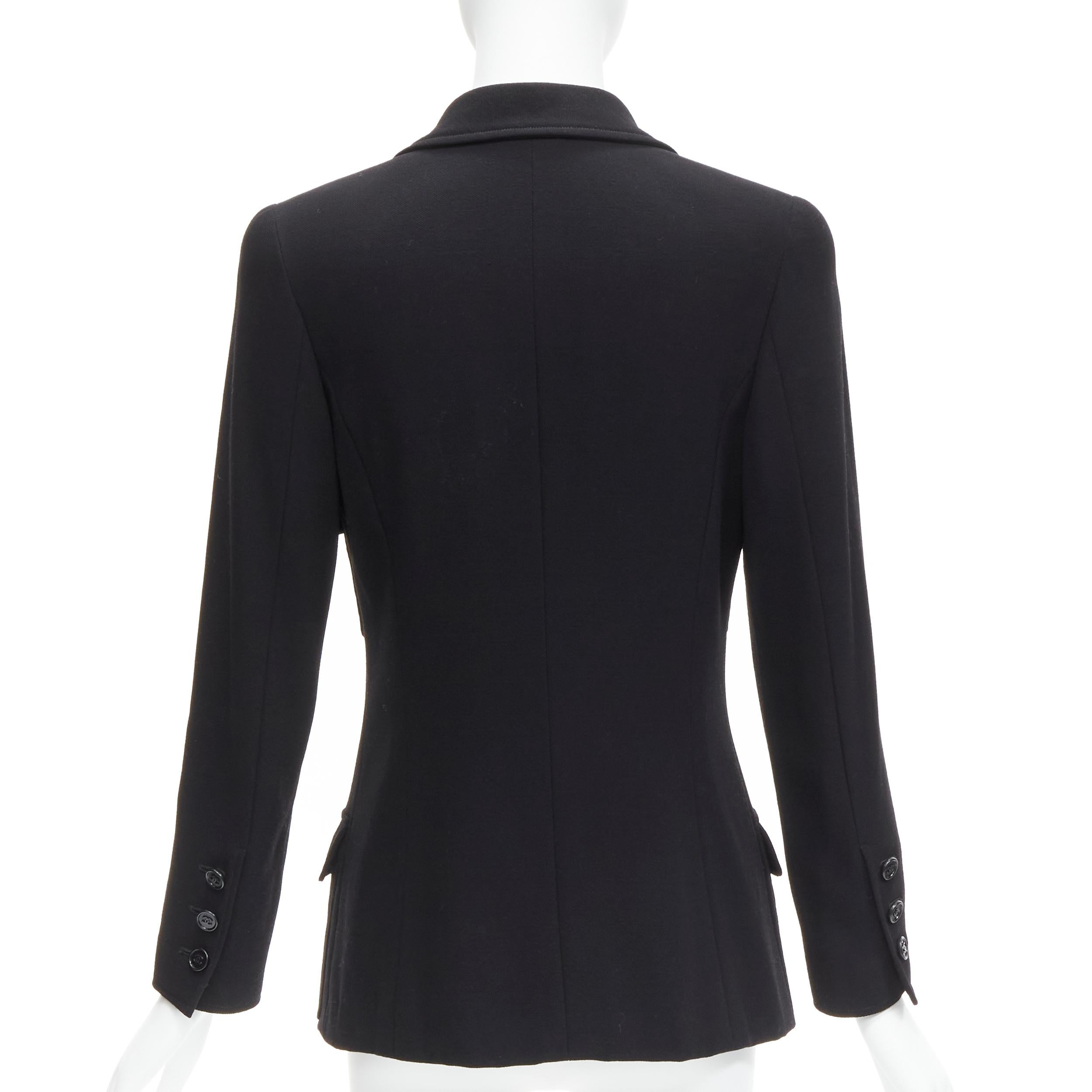 CHANEL Vintage black wool crepe CC button silk lined little black jacket For Sale 1