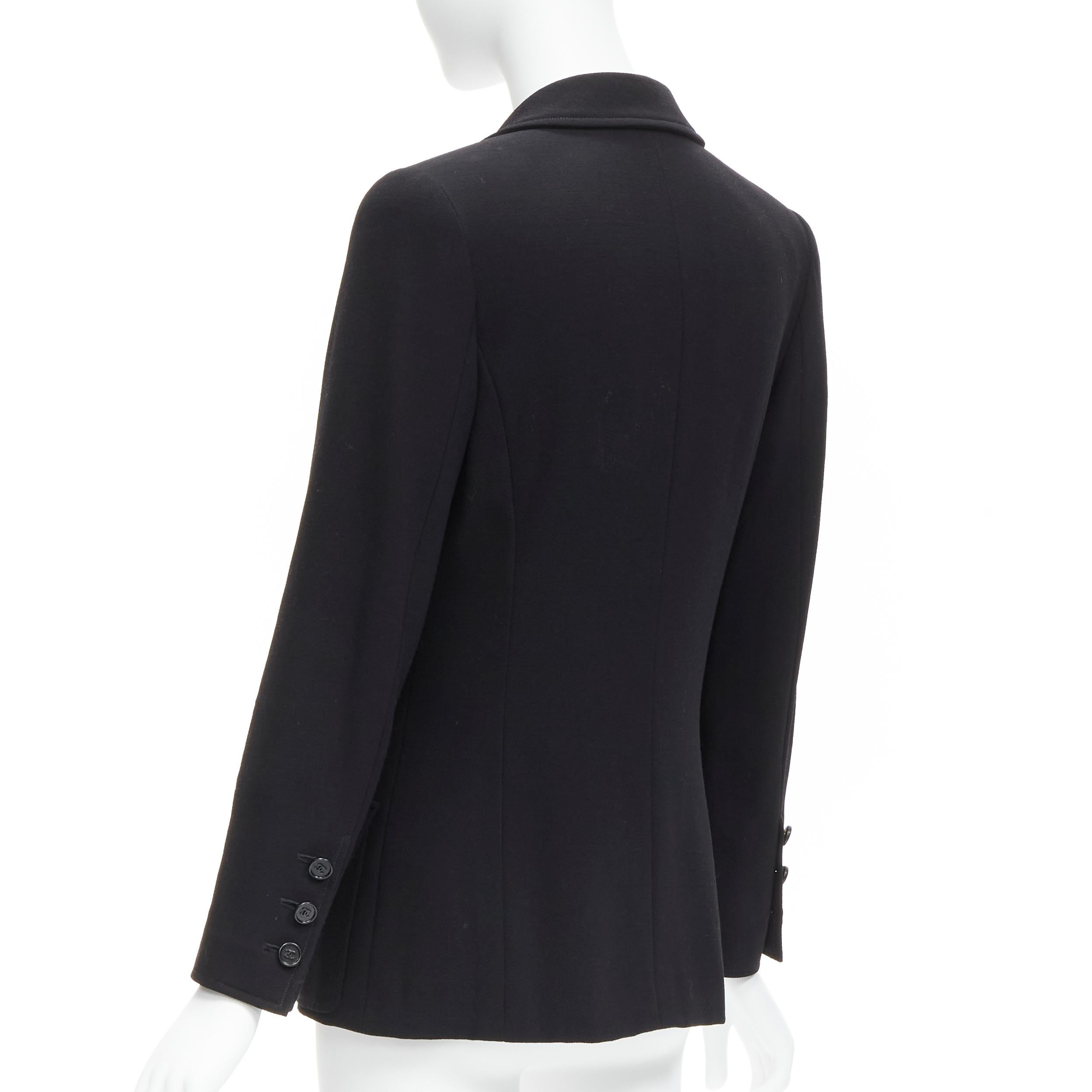 CHANEL Vintage black wool crepe CC button silk lined little black jacket For Sale 2