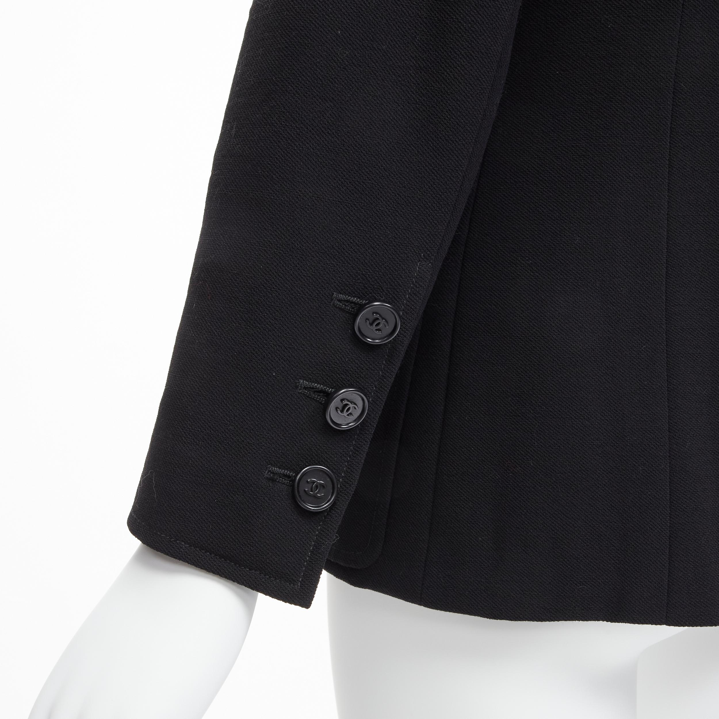 CHANEL Vintage black wool crepe CC button silk lined little black jacket For Sale 5