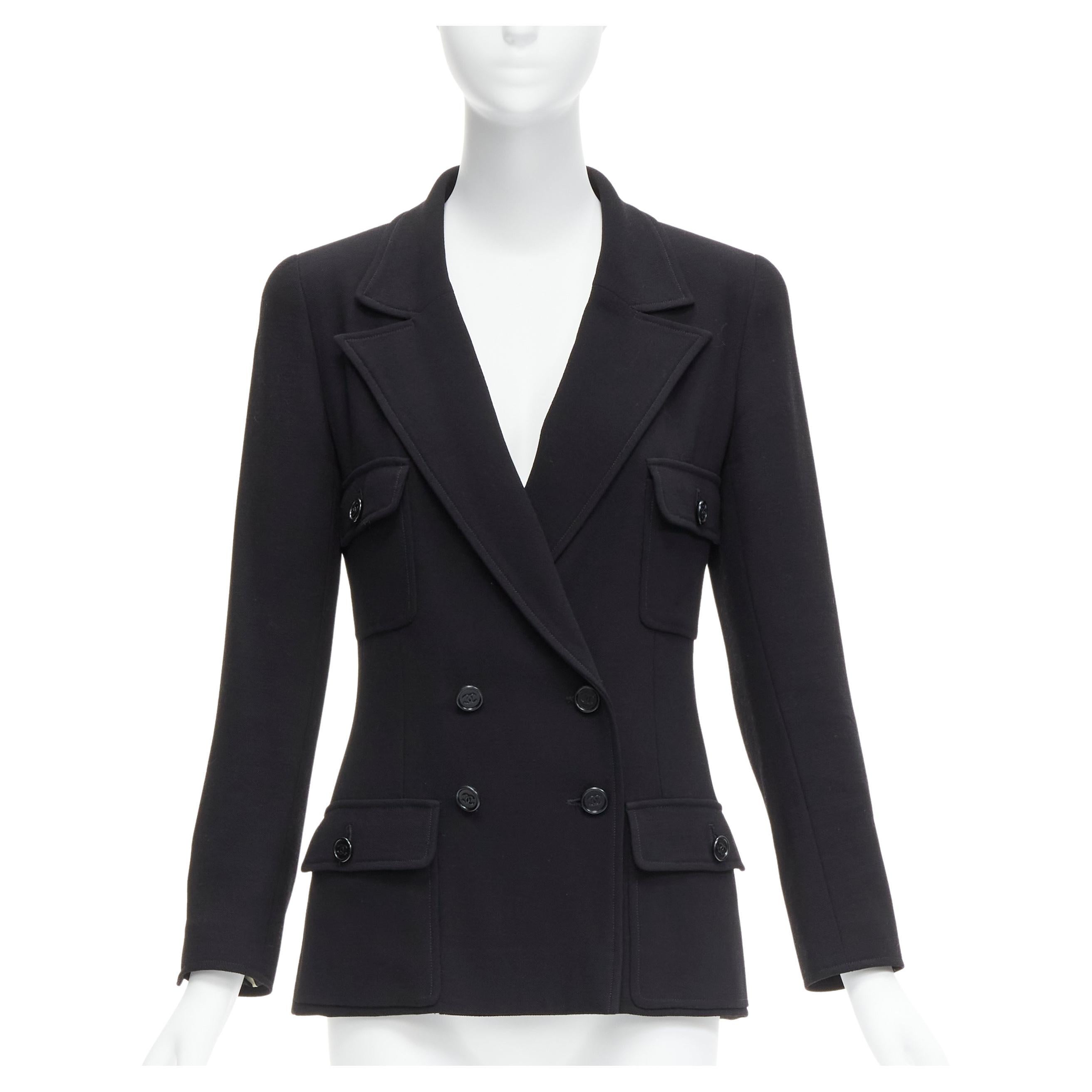 CHANEL Vintage black wool crepe CC button silk lined little black jacket For Sale