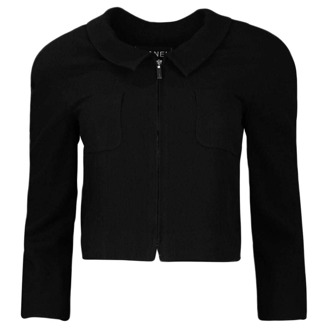 Chanel Vintage Black Wool Cropped Jacket w/ Zipper sz FR34