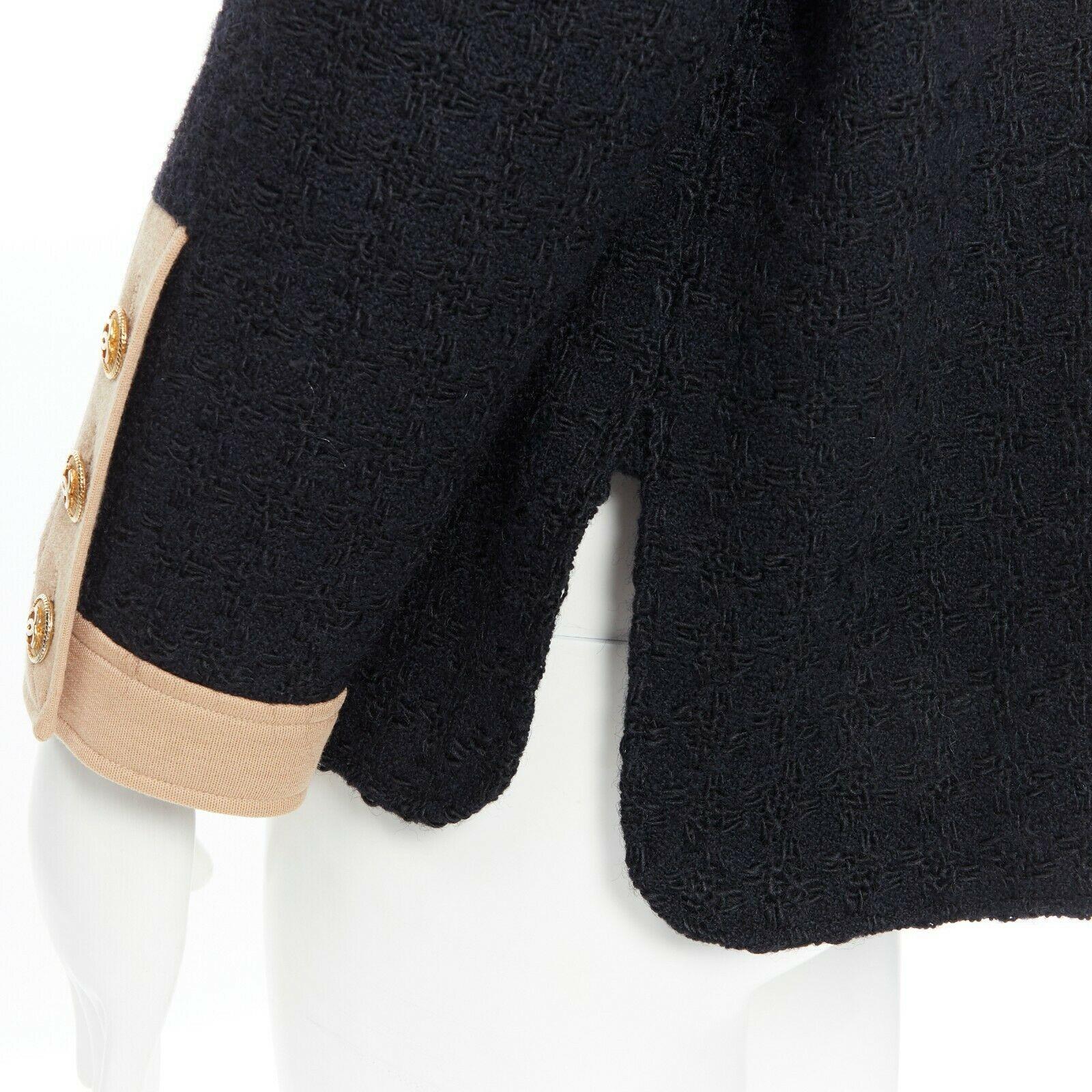CHANEL Vintage black wool tweed camel trim gold CC button collarless jacket FR44 2