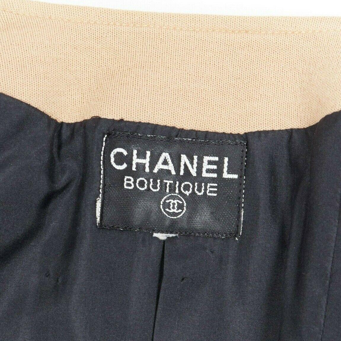 CHANEL Vintage black wool tweed camel trim gold CC button collarless jacket FR44 3