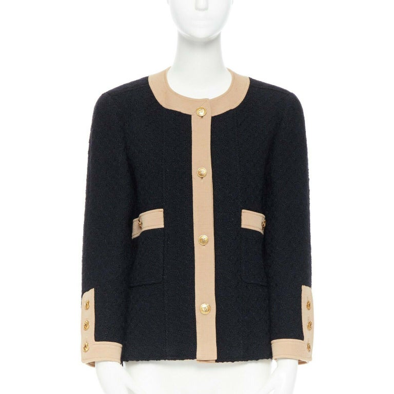 CHANEL Vintage black wool tweed camel trim gold CC button collarless jacket  FR44 at 1stDibs