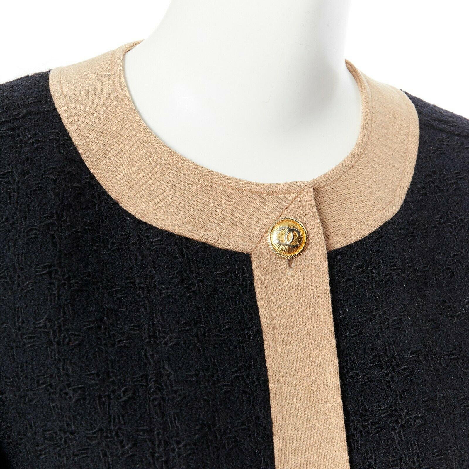 Women's CHANEL Vintage black wool tweed camel trim gold CC button collarless jacket FR44