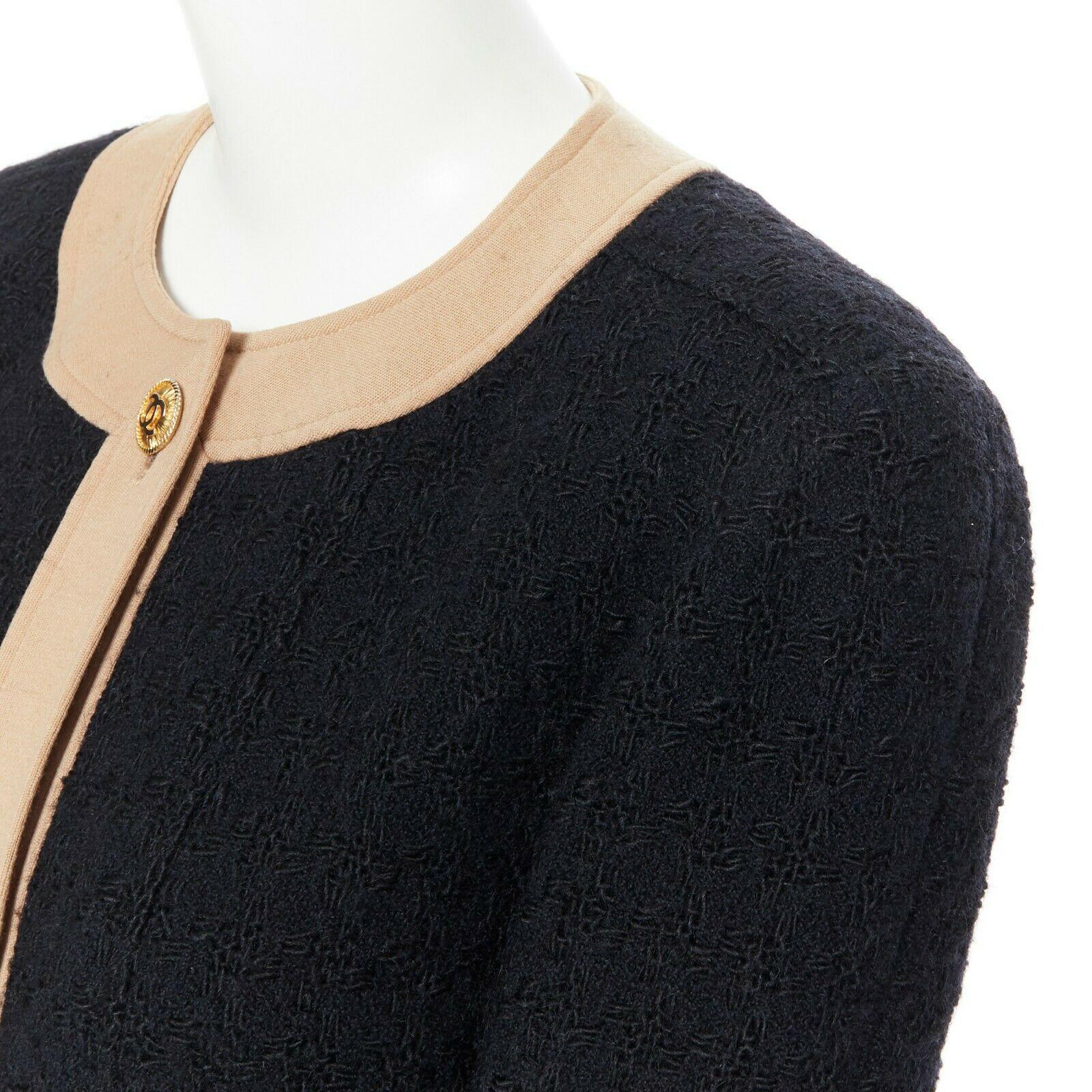 CHANEL Vintage black wool tweed camel trim gold CC button collarless jacket FR44 1
