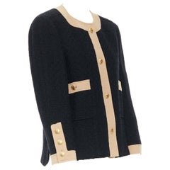CHANEL Vintage black wool tweed camel trim gold CC button collarless jacket FR44