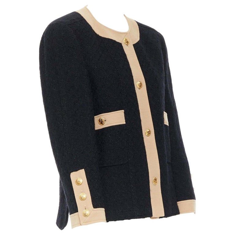 CHANEL Vintage black wool tweed camel trim gold CC button collarless jacket  FR44 at 1stDibs