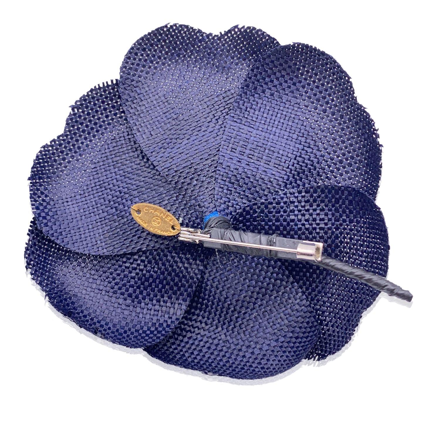 Chanel Vintage Camelia Camellia Flower Pin Brooch. Blue camellia petals. Safety pin closure. Diameter: 3 inches - 7.6 cm. 'CHANEL - CC - Made in France' oval tab on the back Condition A - EXCELLENT Gently used. Please check the photos carefully and