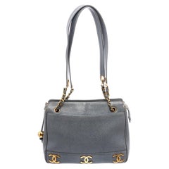 Chanel Vintage Blue Caviar Leather CC Tote Bag
