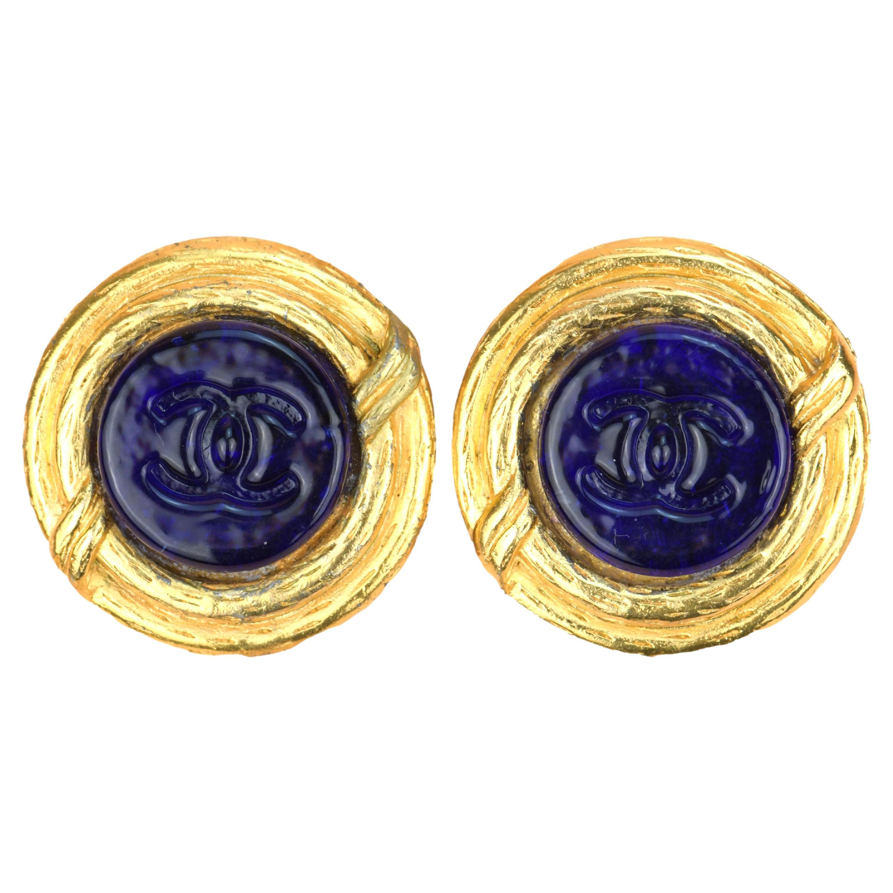 Chanel Vintage Blue Gripoix CC Button Motif Clip-On Earring
