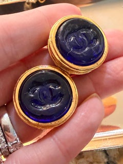 Chanel Vintage Blue Gripoix CC Stamp Button Motif Clip-on Earring from 1993