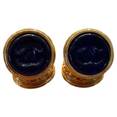 Chanel Vintage Blue Gripoix CC Stamp Button Motif Clip-on Earring from 1993