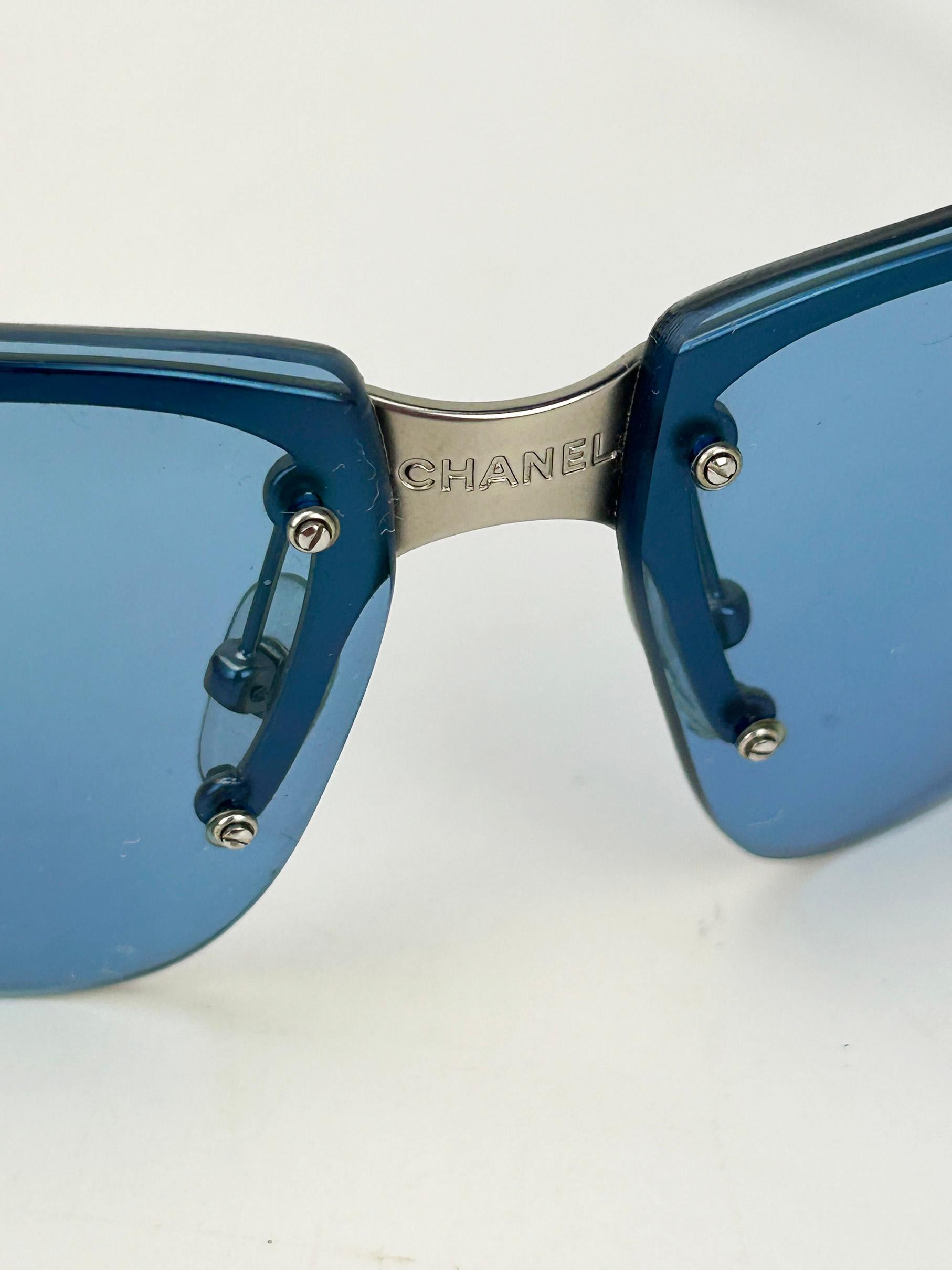 Chanel Vintage Blue Lens Matte Silver Sunglasses c2000s For Sale 5
