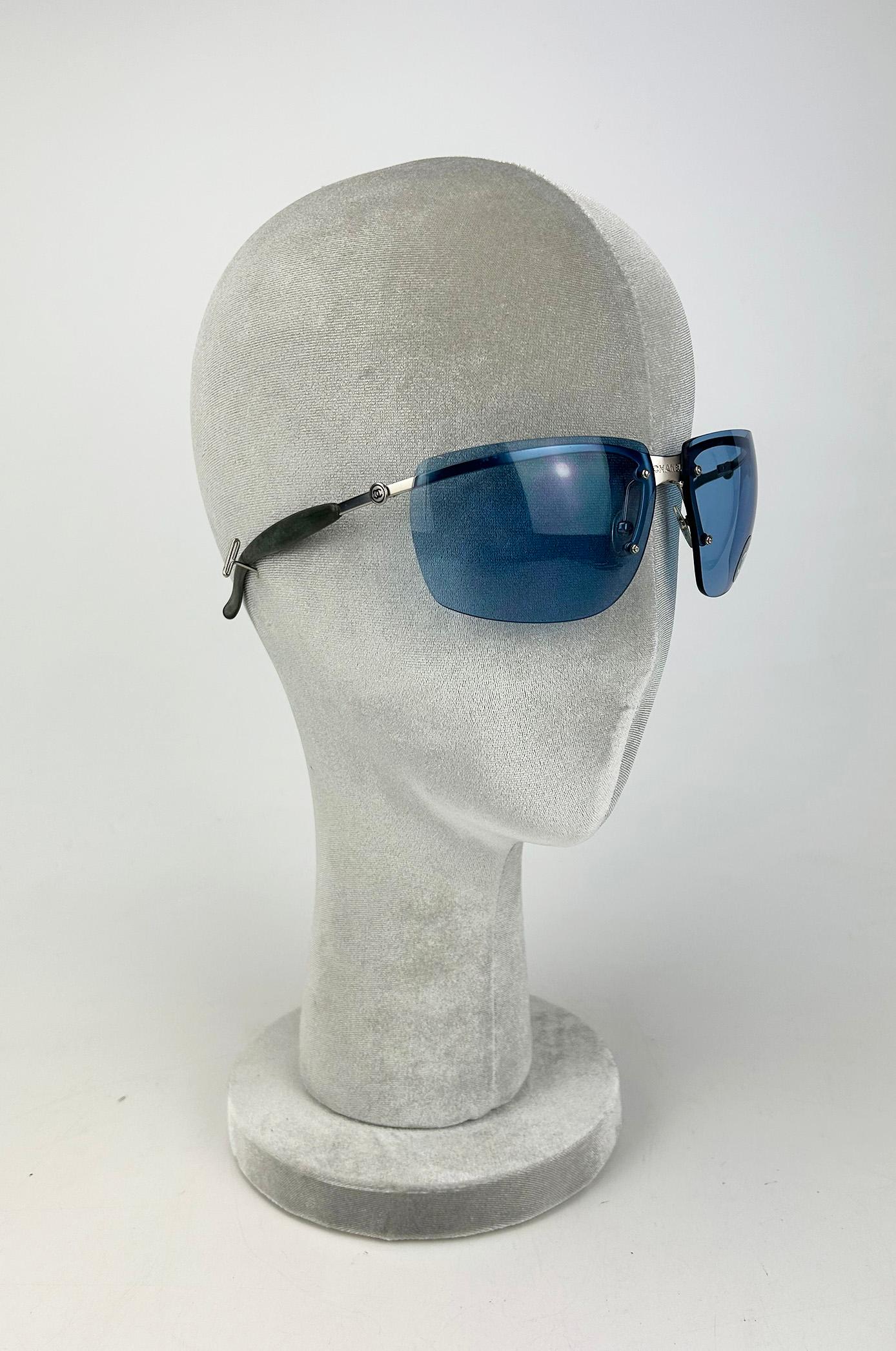 Gray Chanel Vintage Blue Lens Matte Silver Sunglasses c2000s For Sale